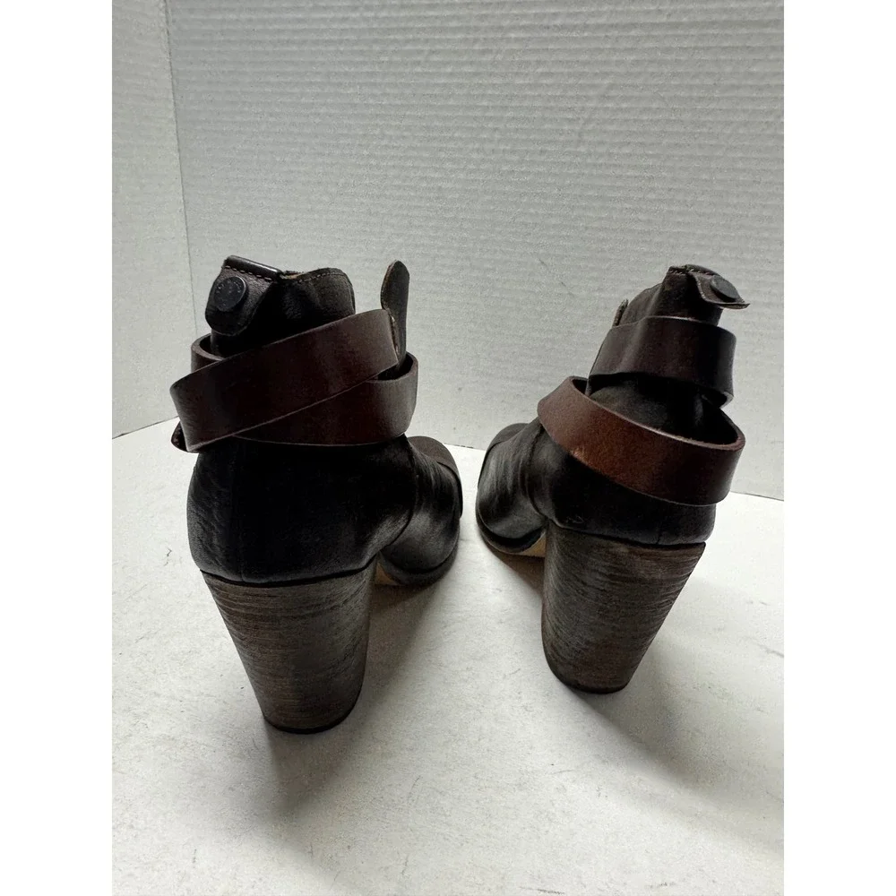Rag & Bone Harrow Dark Brown Leather Wrap Strap Block Heel Ankle Boots Size 39 9